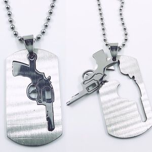STAINLESS STEEL GUN & OUTLINE DOG TAG NECKLACE